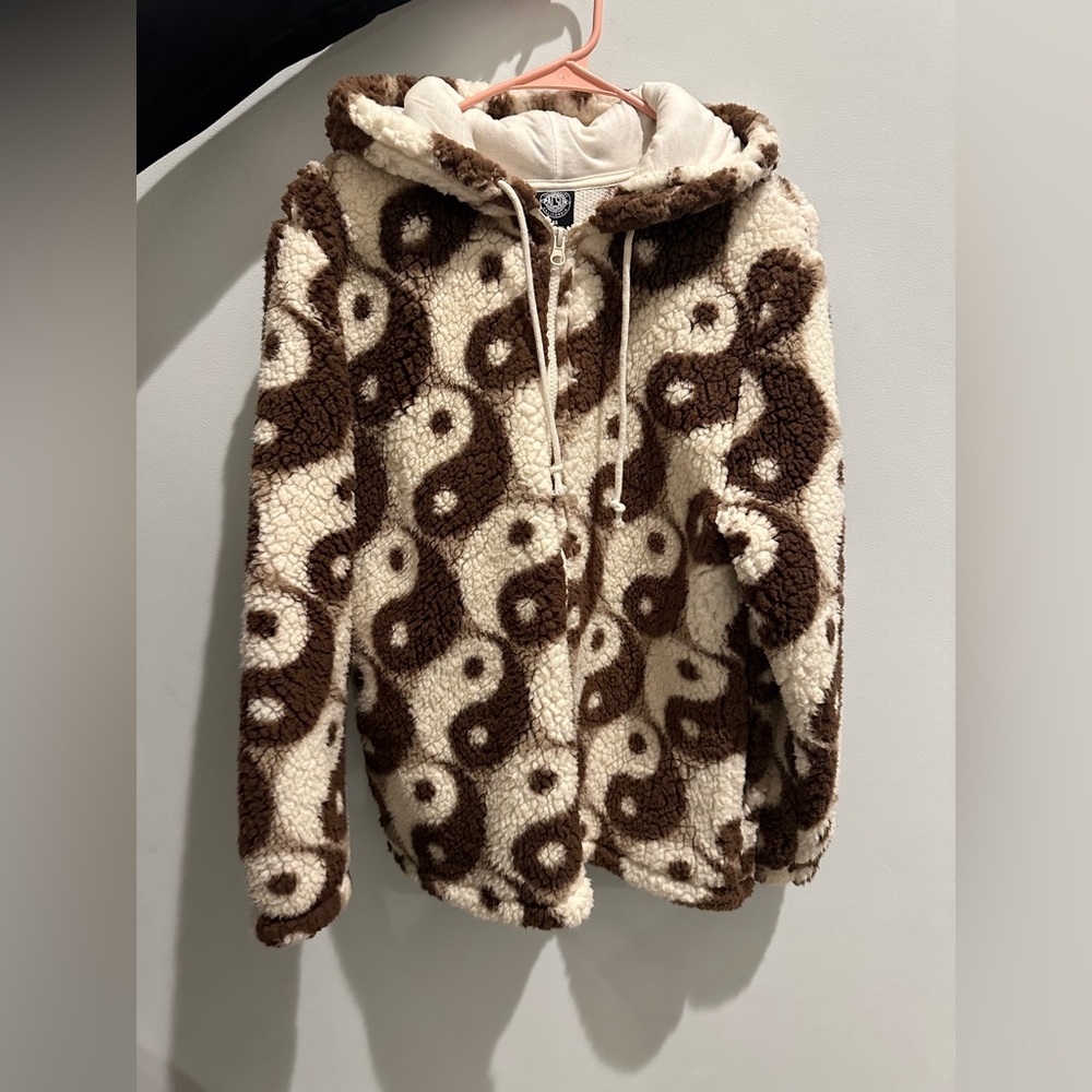 Pacsun Brown Yin Yang Fluffy Sherpa Hoodie Zip-Up Jacket Size xs